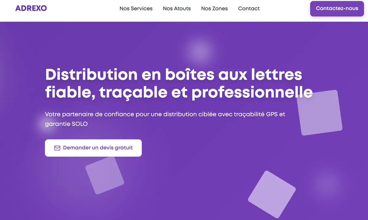 Page d'accueil Adrexo avec message de distribution en boîtes aux lettres et appel à demander un devis