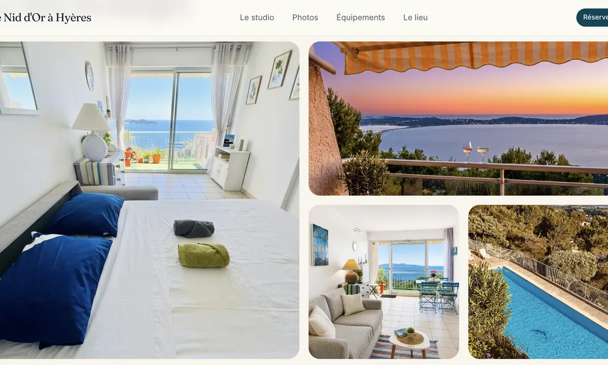 Site de location Le Nid d'Or à Hyères avec galerie de photos de logement et vue mer